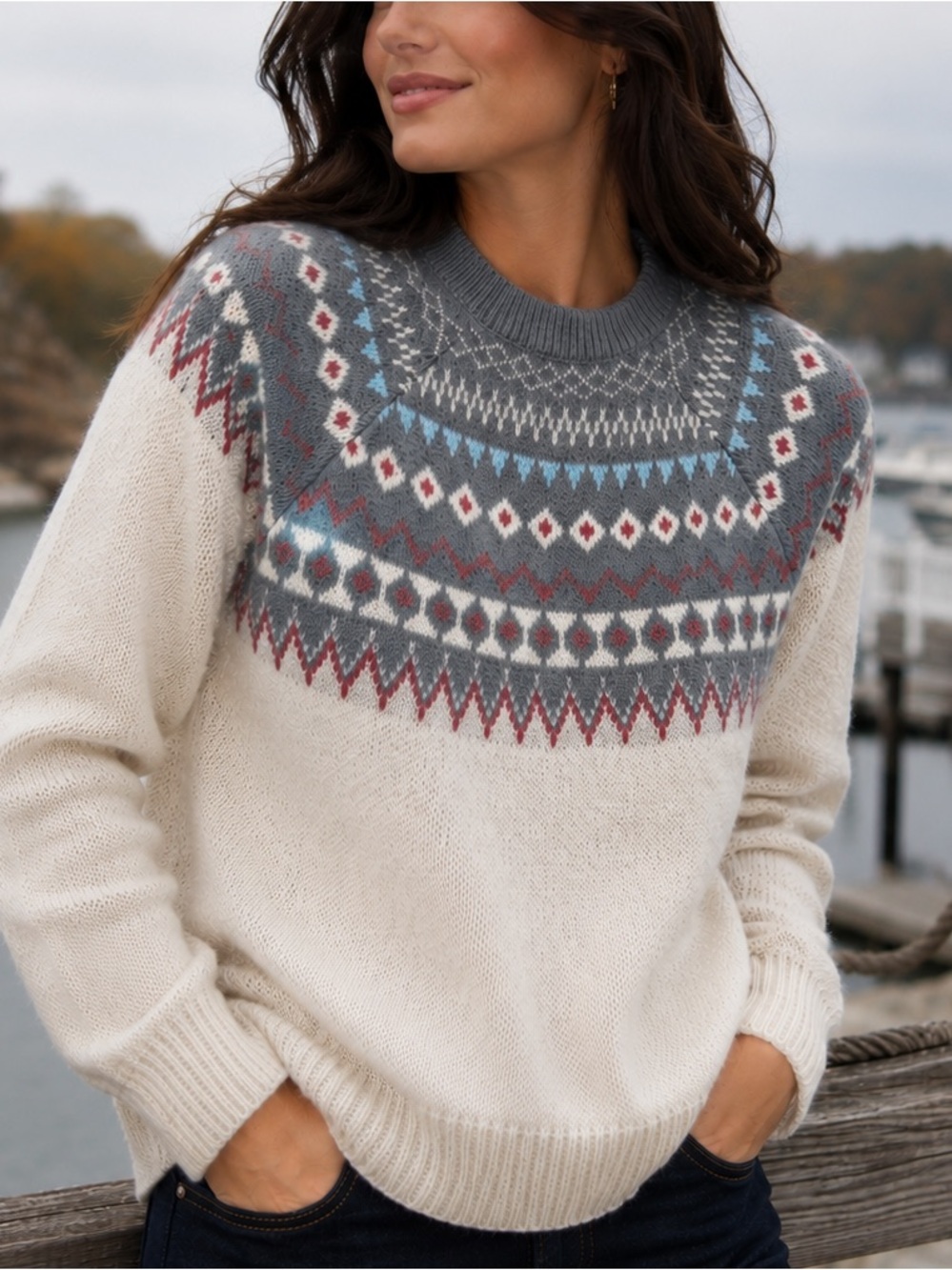 Nordic Fair Isle Sweater Cream Gray Red Blue Cozy Winter Cabin Ski Lodge M